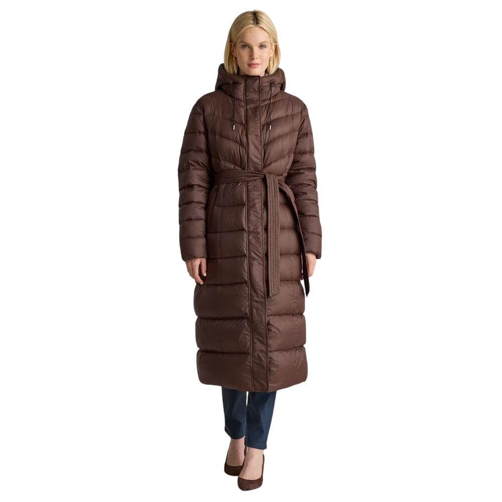 New Quince Women's L Responsible Down Belted Long Puffer Coat Hot Fudge Brown